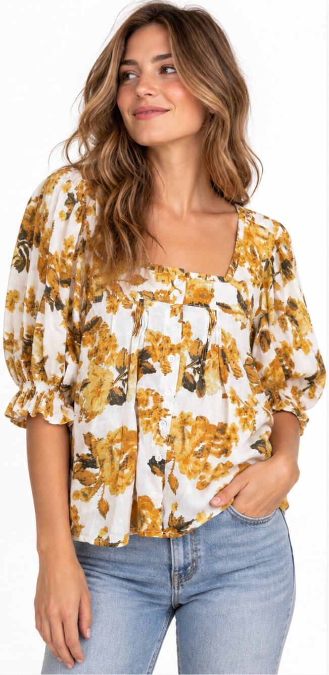 Rachel Roy Floral Linen-Blend Balloon Sleeve Blouse Size L